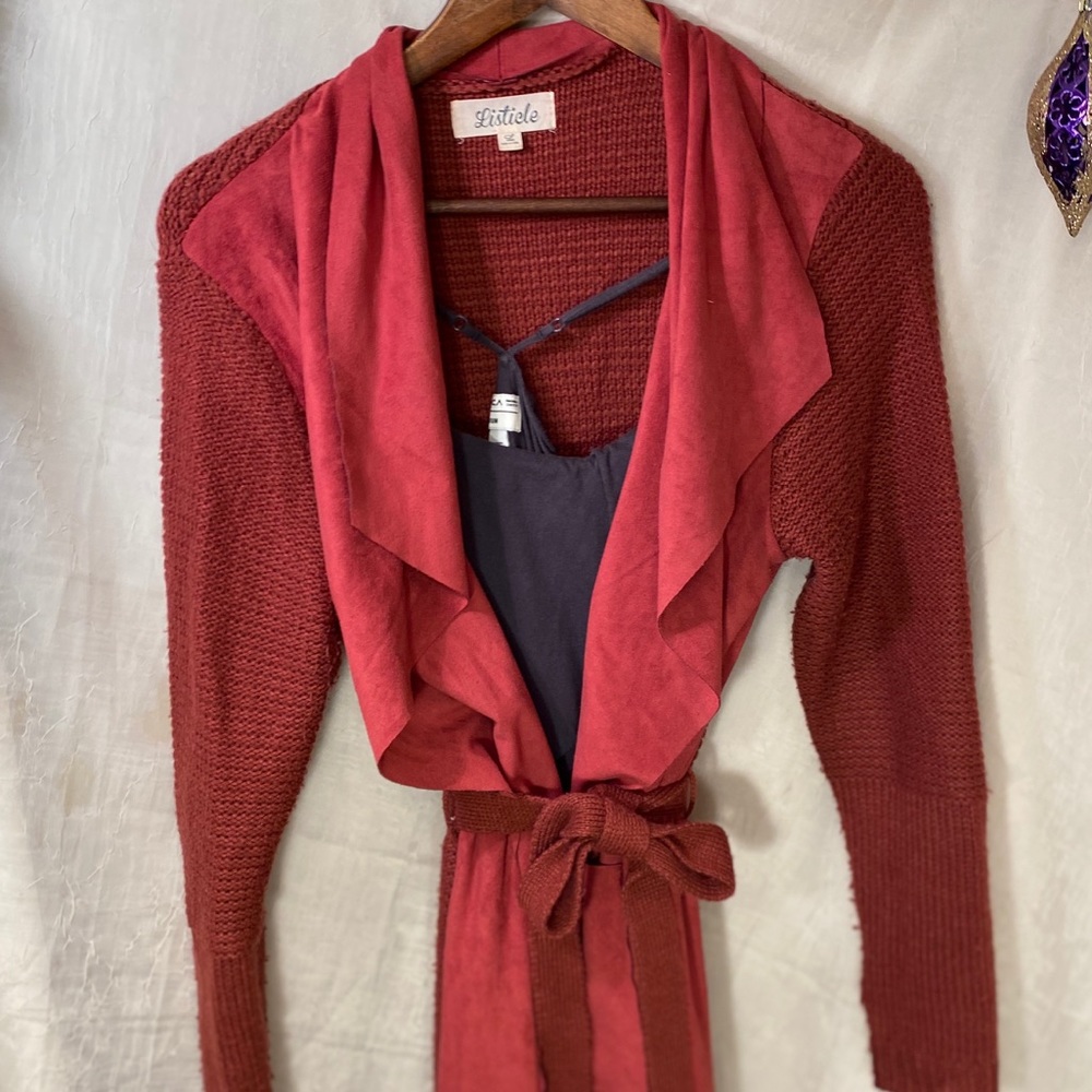 Suede and knit belted trench sweater